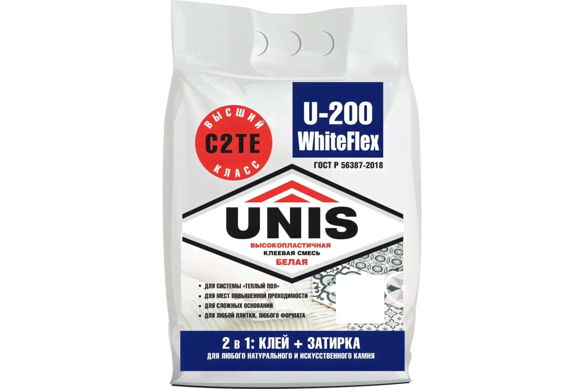 Плиточный клей UNIS U-200 WHITEIFLEX высокоэластичный БЕЛЫЙ в мешке, 5кг