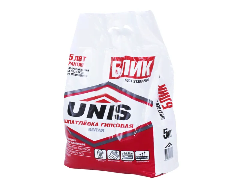 Шпаклевка гипсовая до 8мм БЛИК UNIS 5кг (4/120)