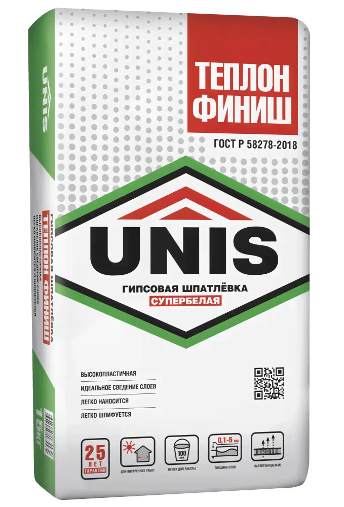 Шпатлёвка UNIS ТЕПЛОН ФИНИШ гипсовая 15 кг (80 шт)-0