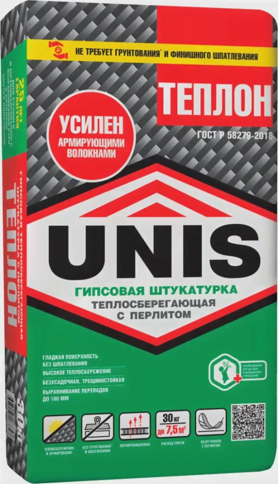 Штукатурка гипсовая с перлитом Unis Теплон армированный, 25кг-0