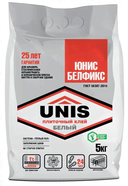 Клей для плитки и мозаики, белый UNIS Белфикс, класс С1, 5 кг
